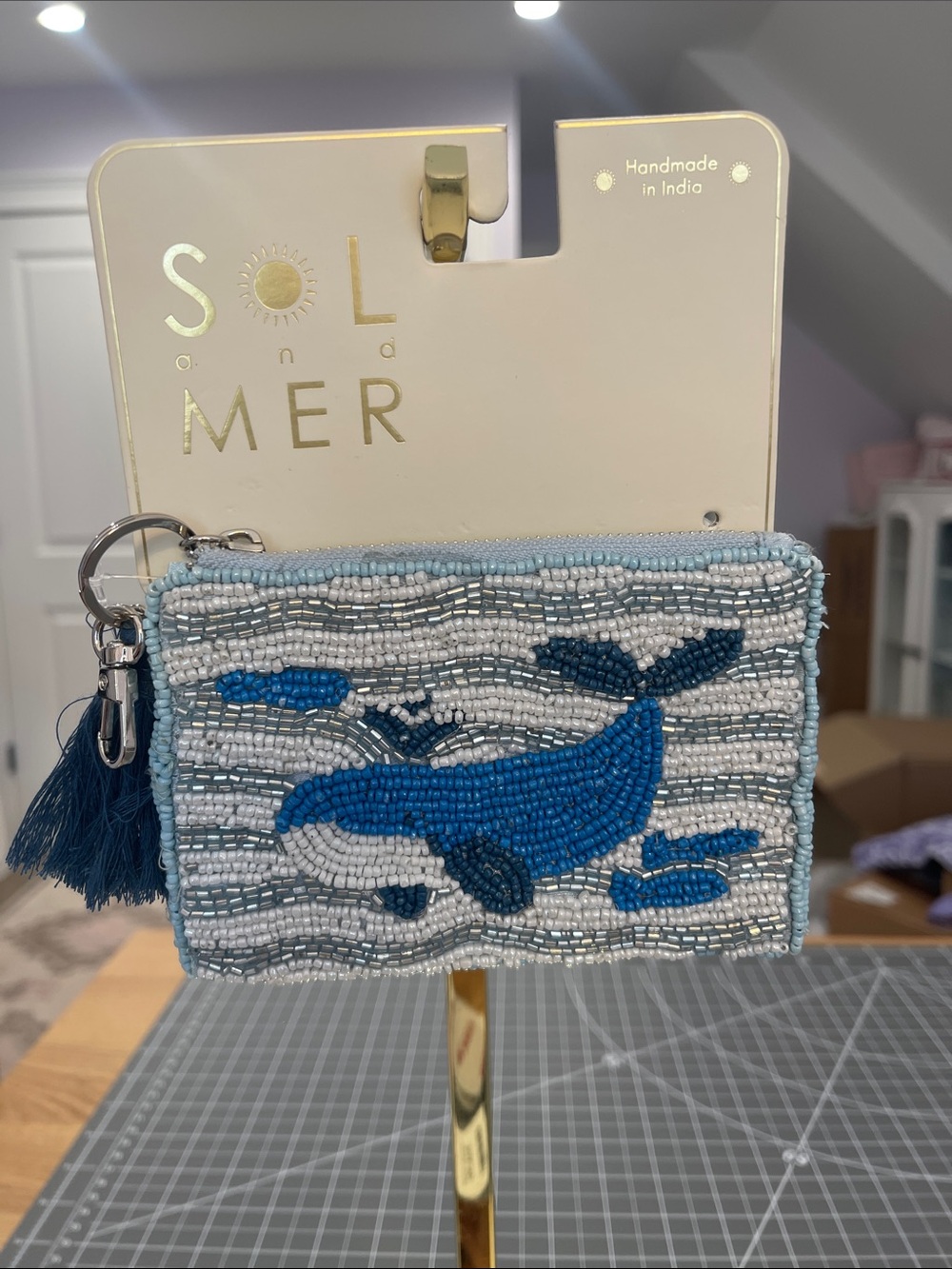 Sol and Mer Blue Beaded Whale Card Holder with Tassel